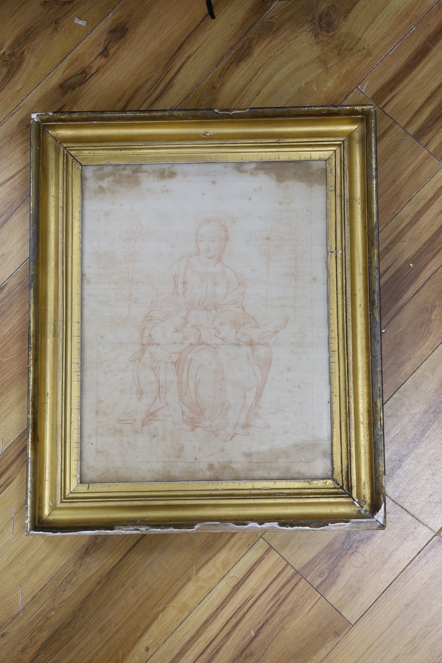 After Raphael, sanguine sketch on laid paper, virgin and child with infant St. John, 41.5 x 32cm